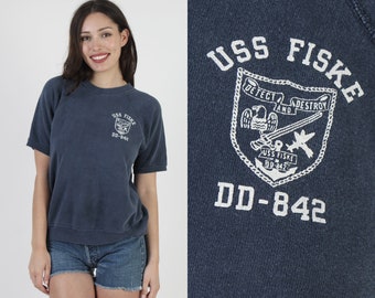 United States Navy Short Sleeve Sweatshirt, Vintage 60s USN Military Destroyer Ship, Soft Cotton WW2 Era War Shirt