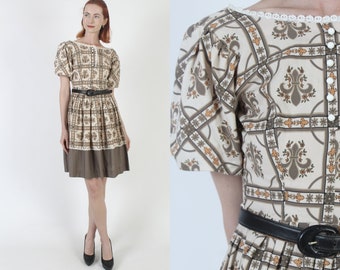 Fleur De Lis Print Dress / Vintage 60s Puff Sleeve Secretary Outfit / Wear To Work Office Mini Frock