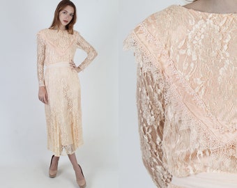 Sheer Peach Floral Lace Deco Deco, Layered Pointy Collar, Vintage 1980's 2 Piece Capelet Overlay