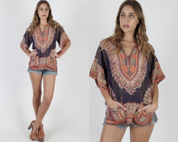 Metallic Dashiki Top With Pockets / Cotton Kimono
