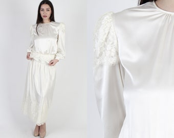 Victorian Style Plain Bridal Gown Dress / 1980s Ivory Satin Wedding Dress / Romantic Prom Princess Draped Long Dress