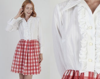 Country Picnic Gingham Pockets Dress Vintage 70s Red White Checker Print Seersucker Button Up Short Summer Shirtdress
