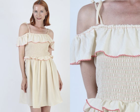 Cream Shoulder Tie Smocked Dress Ruffle Elastic Stretchy