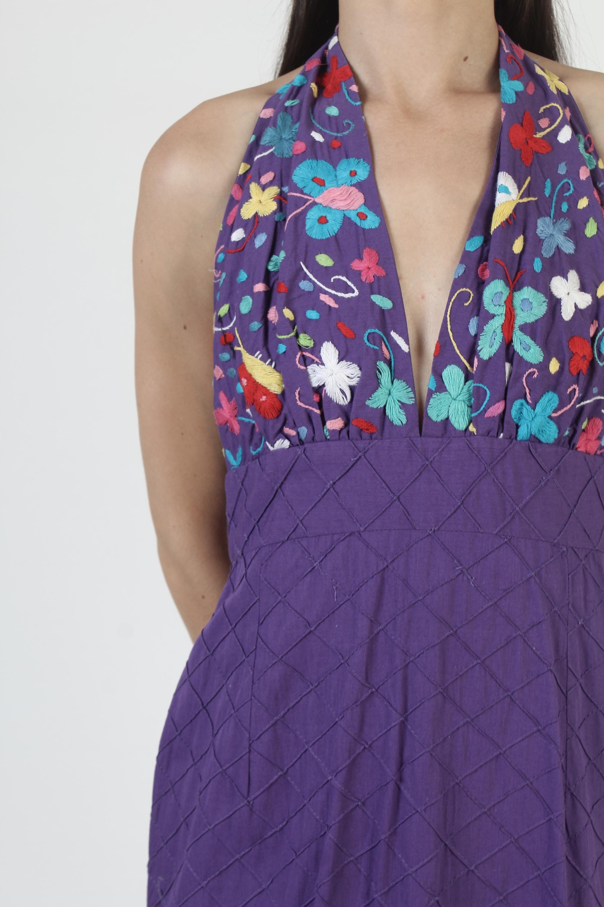 athleta go anywhere halter dress Mexican Pintuck Dress, Purple Cotton Sundress, Floral Hand Embroidered Fit_REGULAR
