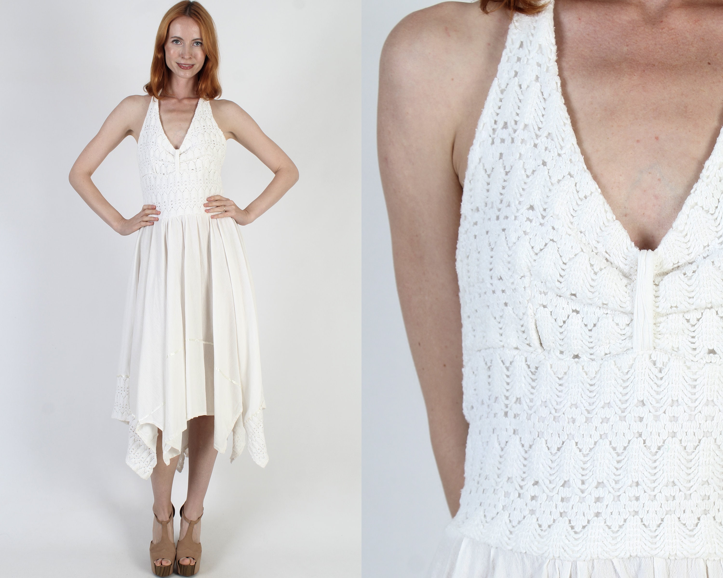 Plain Cream Mexican Halter Dress, Asym Hanky Hem Fiesta Sundress, Tie Neck Crochet Trim Party, Open Backless Salsa Gown