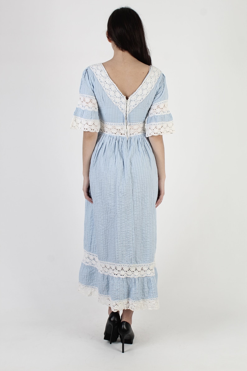 Baby Blue Bell Sleeve Mexican Dress Crochet Lace Quinceanera Dress 70s Ethnic Wedding Festival Pintuck Cotton Fiesta Maxi Dress image 5