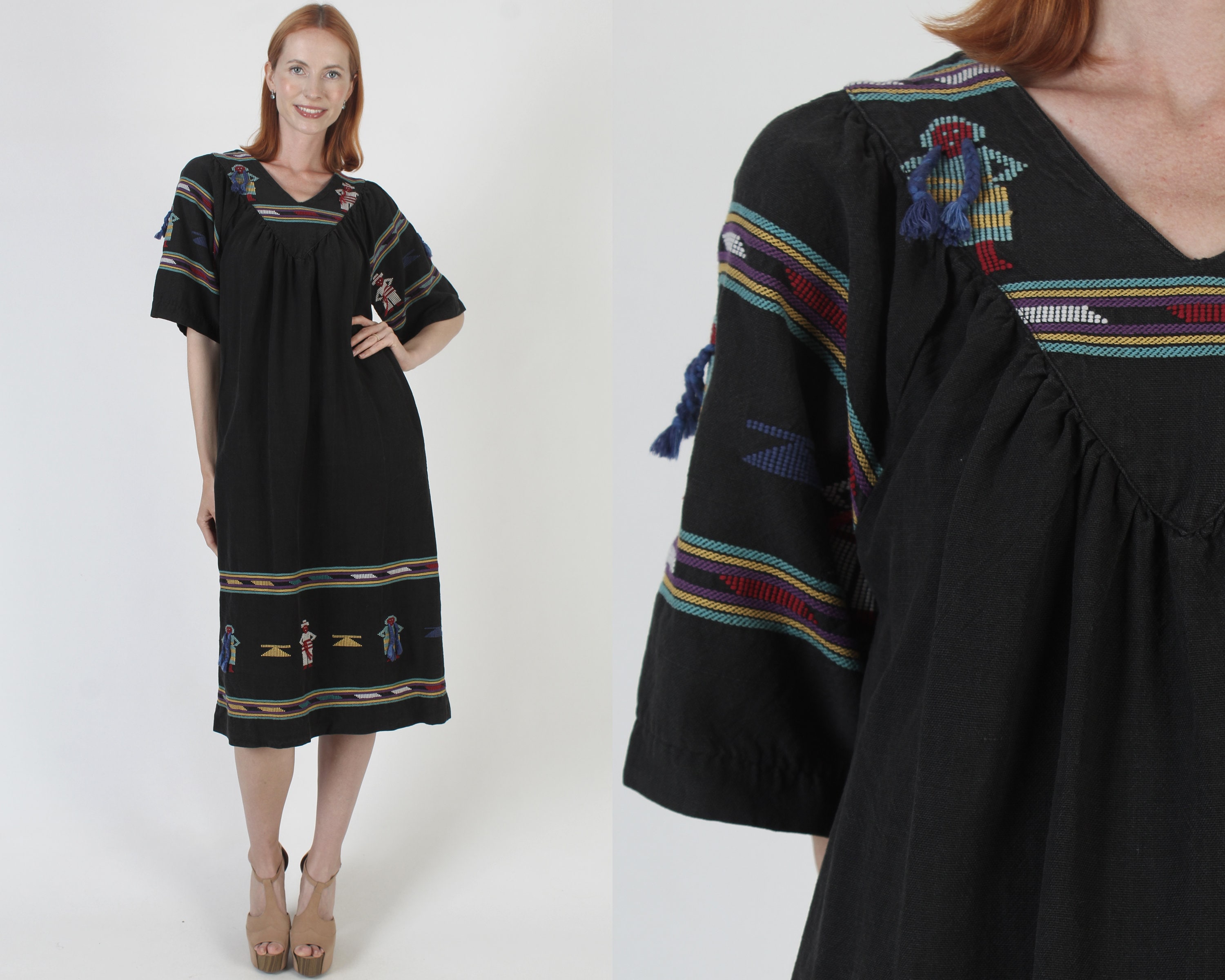Black Cotton Guatemalan Dress, Aztec Print Bell Sleeves, Mexican Villager People Print, Embroidered Woven Cover Up With Pockets