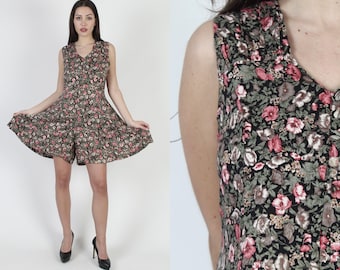 90s Liberty Print Romper, Rose Print Playsuit, Festival Mini Shorts, Womens Playsuit