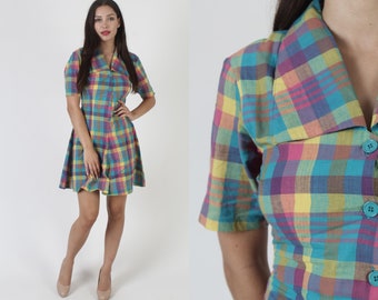 Colorful Rainbow Plaid Dress / Vintage 1980s Bright Checker Picnic Dress / Button Up Summer Party Sundress