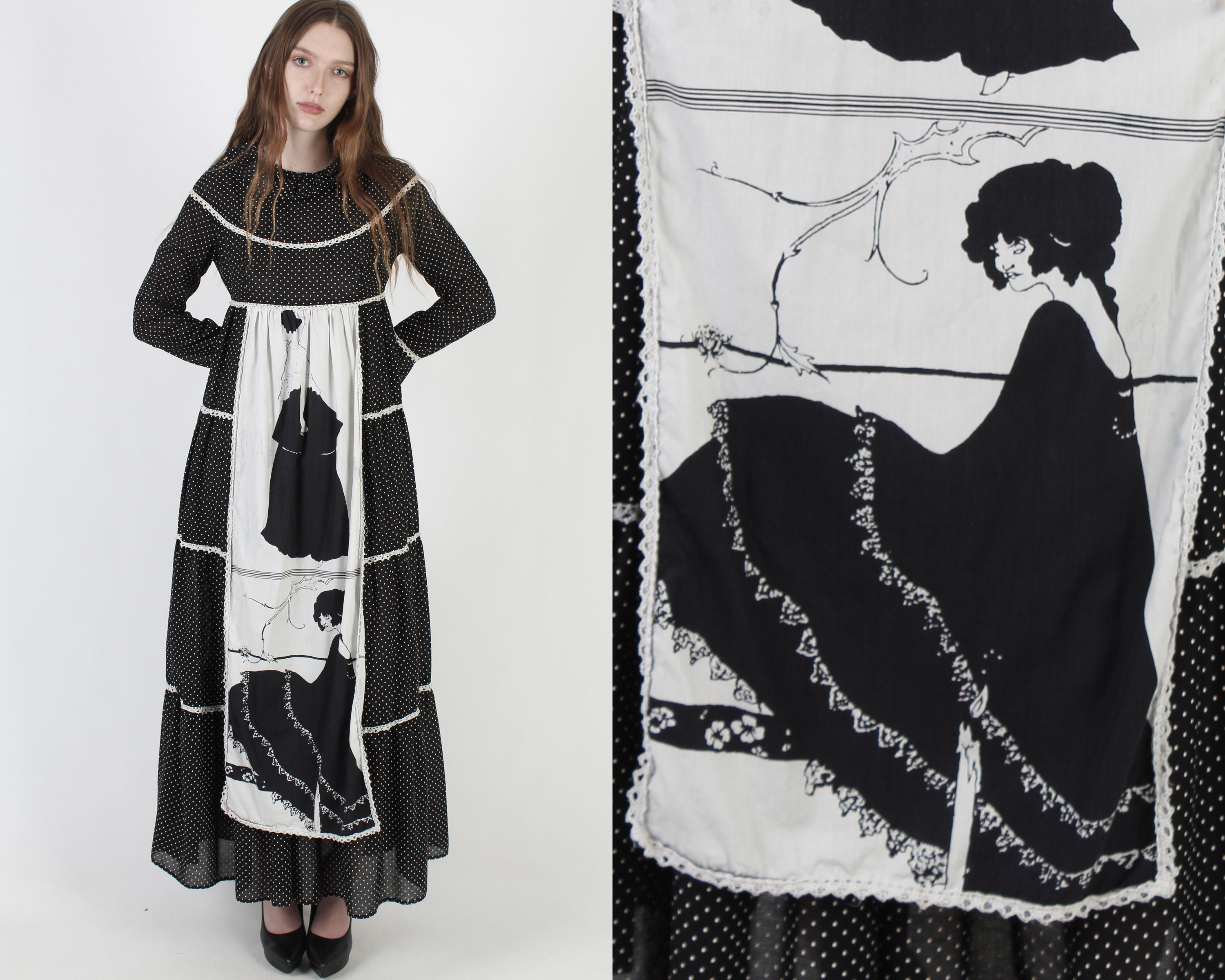 Vintage 70s Gunne Sax Dress Aubrey Beardsley Deco Apron Black
