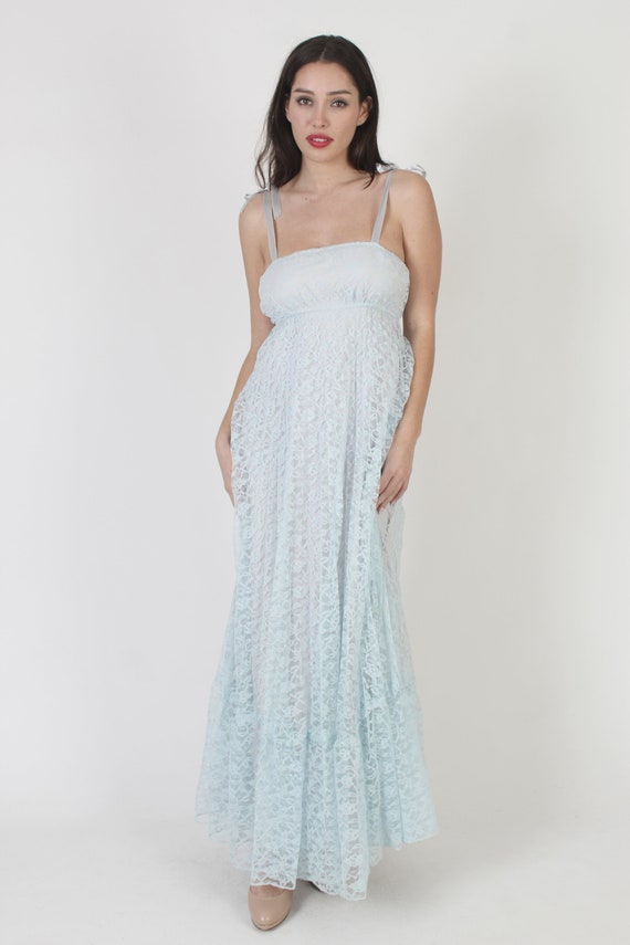 All Over Lace Shoulder Tie Wedding Dress, 70s Lon… - image 2