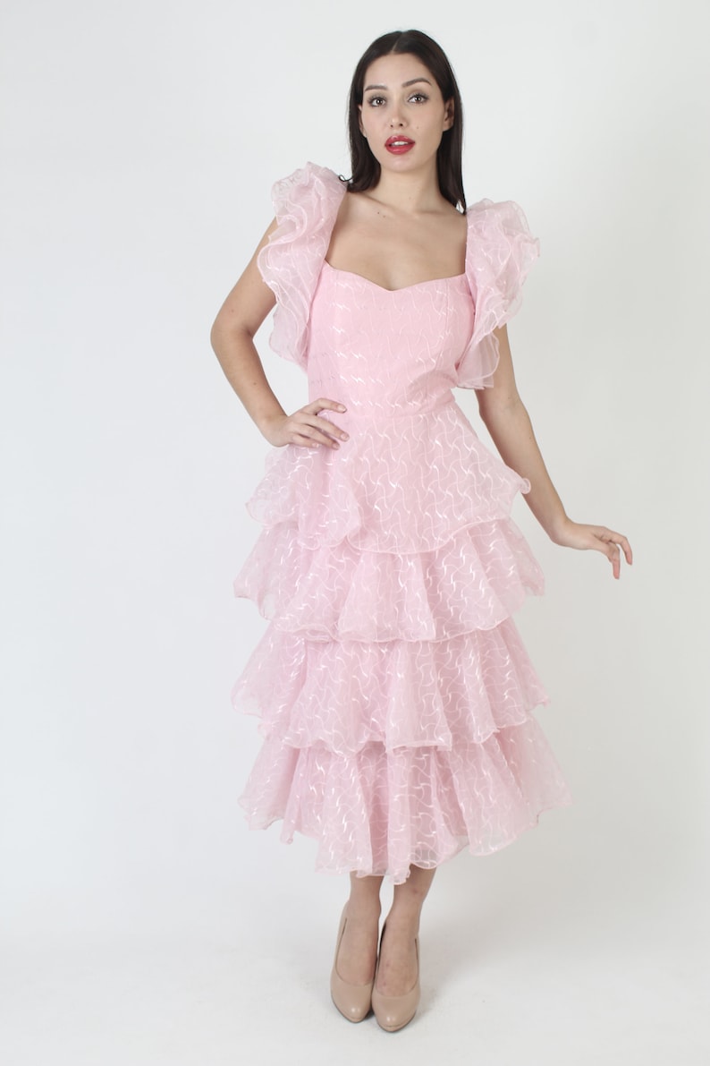 Cotton Candy Pink geschichtetes Abschlussballkleid, Vintage Avantgarde Abendkleid, 70er Jahre Schule Tanz Outfit Bild 3