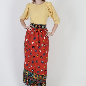 70s Renaissance Style Velvet Floral Skirt / Colorful Embroidered High Waistband / Pencil Column Long Maxi image 3