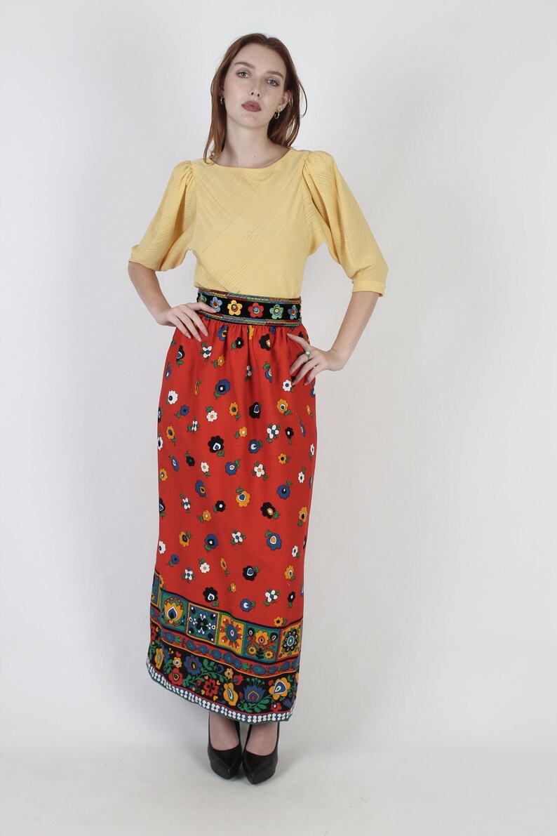 70s Renaissance Style Velvet Floral Skirt / Colorful Embroidered High Waistband / Pencil Column Long Maxi image 3