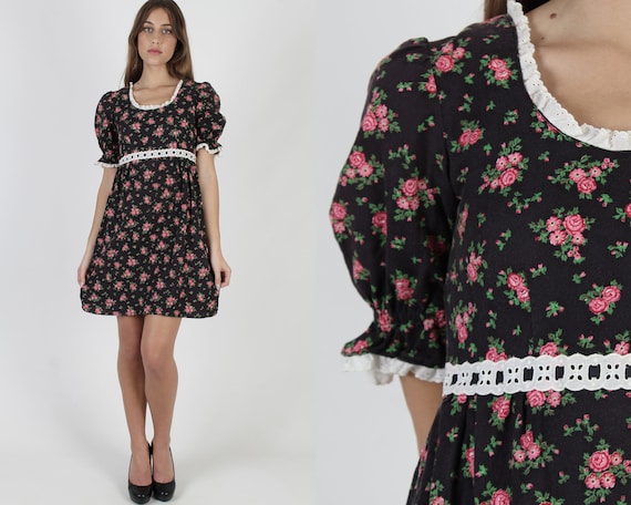 Black Cotton Rose Floral Dress / Frontier Country