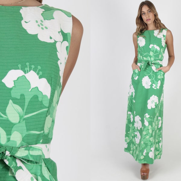 Malia Maxi Pockets Dress / Summer Sun Resort Wear Dress / Long Hawaiian Tiki Dress / Vintage 1970s Designer Green Cotton Wrap Maxi Dress