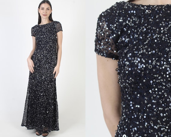 Y2K Navy Blue Sequin Gown: Adrianna Papell High Low Maxi Dress - Etsy