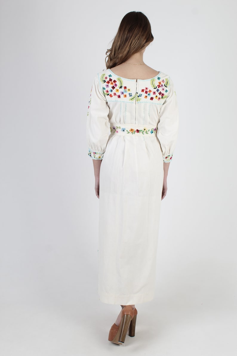 Embroidered Mexican Maxi Dress With Matching Belt Bright Floral Hand Embroidery Vintage 70s Ivory Cotton Belted Caftan Long Dress