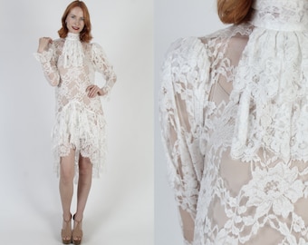 Jessica McClintock White Lace Victorian Dress Vintage Antique Sheer Bridal Gown Hi Lo Asym Hem Wedding Dress