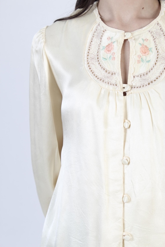 Vintage Gunne Sax Blouse, Cream Embroidered Satin… - image 8