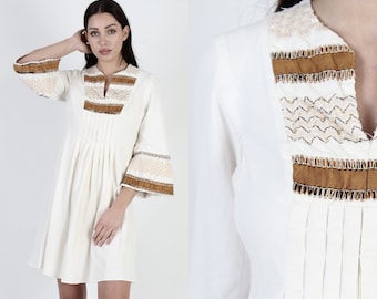 70s Bohemian Festival Bell Sleeve Dress, Casual Lounge Ivory Cotton Mini Dress