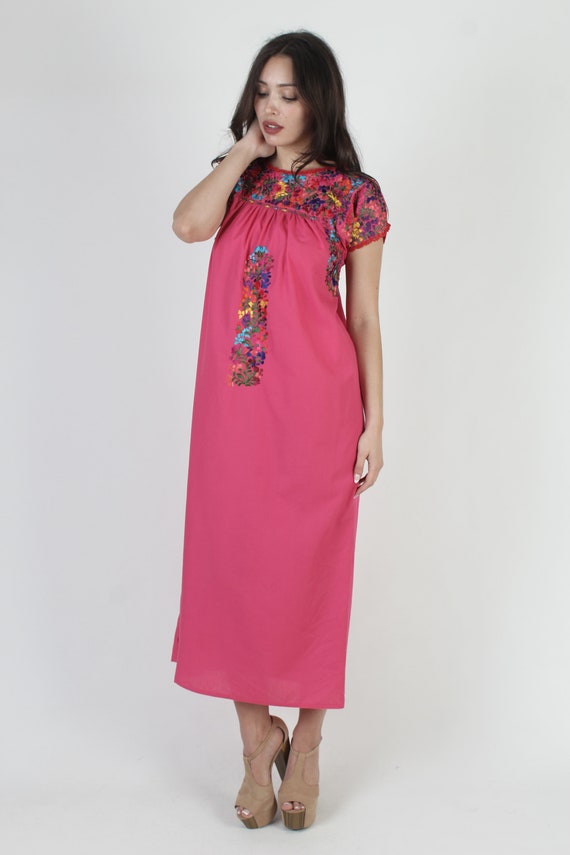 Pink Oaxacan Embroidered Maxi Dress / Mexican Flo… - image 3