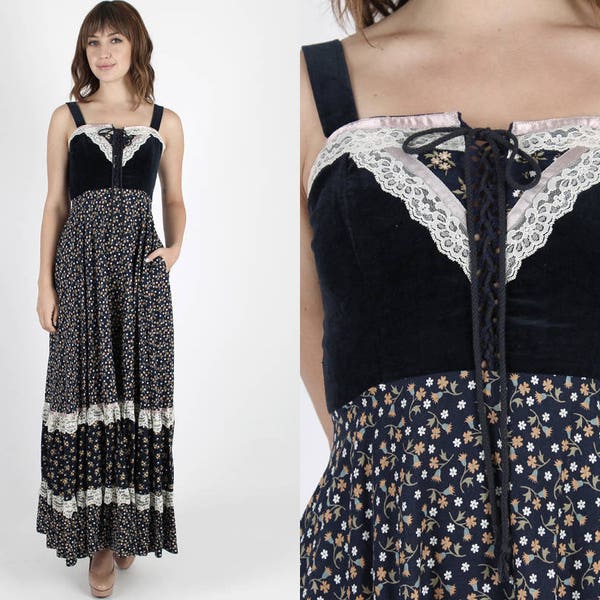 Gunne Sax Dress Hippie Dress Boho Dress Festival Dress Vintage Dress 70s Dress Navy Calico Floral Boho Summer Prairie Corset Maxi Dress M