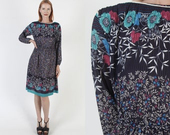 70s Cascading Floral Cocktail Dress, Sheer Navy Disco Lounge Outfit, Evening Party Lightweight Thin Dress