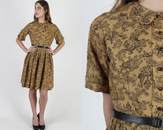 Toile de Jouy Print Dress / Tiny Scallop Collar Fr
