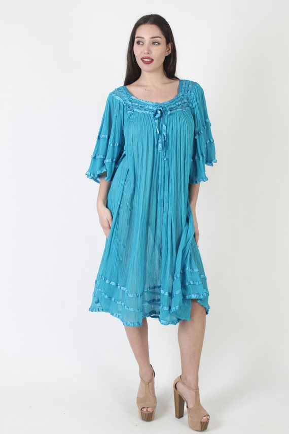 Teal Angel Sleeve Gauze Dress / Thin Big Lightwei… - image 5