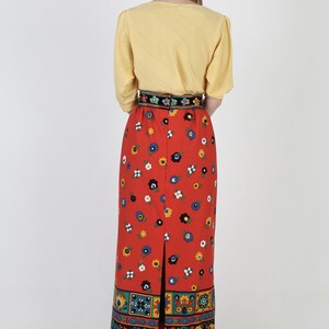 70s Renaissance Style Velvet Floral Skirt / Colorful Embroidered High Waistband / Pencil Column Long Maxi image 4