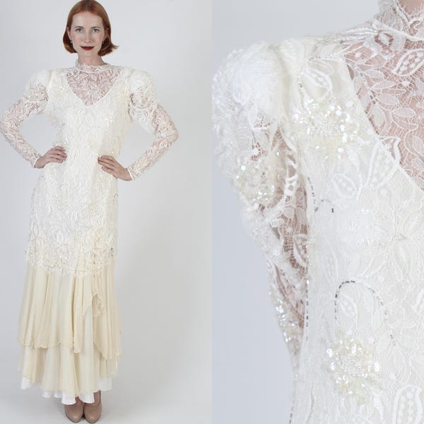 Rina Di Montella Wedding Dress, Chiffon Victorian Gown, Layered Full Skirt, Bridal Party Gown