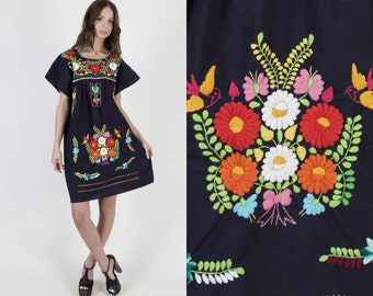 Navy Blue Mexican Dress Hand Embroidered Beach Cover Up Vintage Bright Floral Ethnic Fiesta Womens Flutter Sleeve Mini Dress