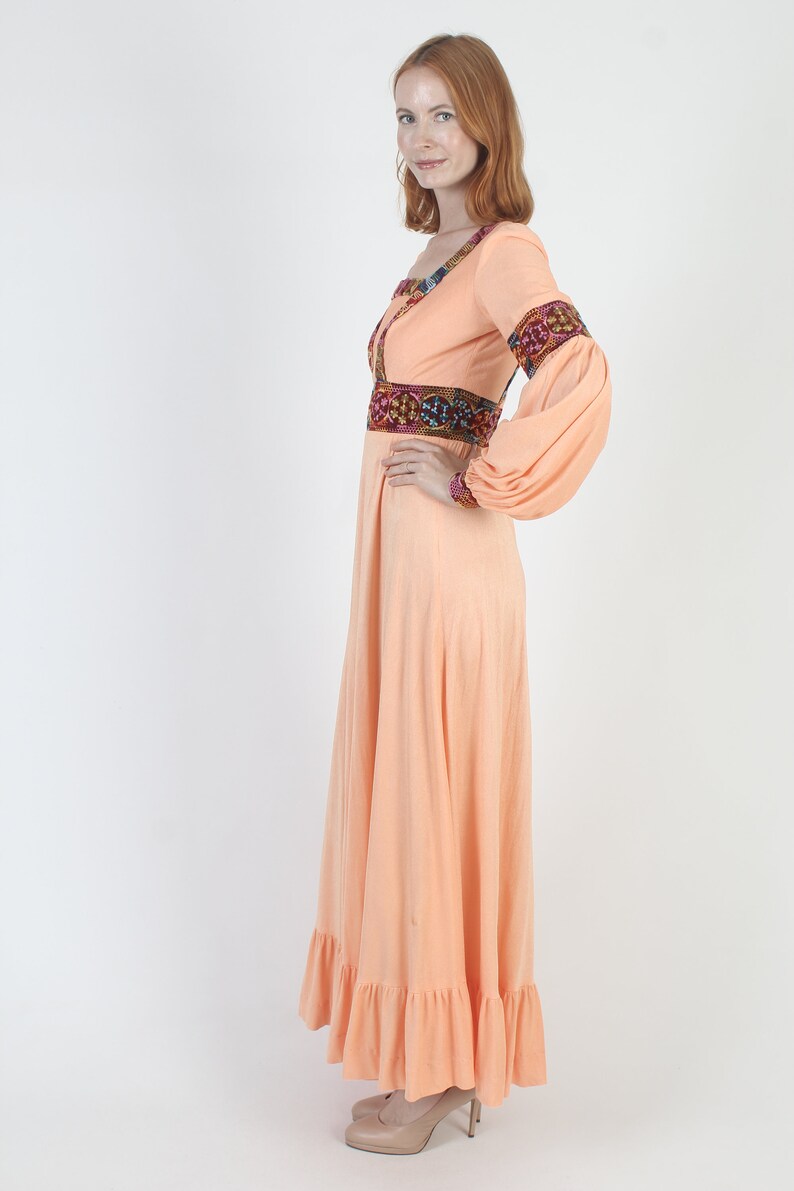 Embroidered Renaissance Fair Dress, Boho Wedding Gown, 70s Long Peach ...