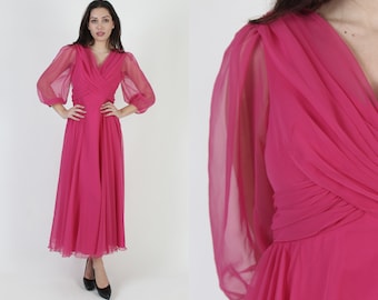 Miss Elliette Magenta Chiffon Wrap Dress, Designer Vintage 70s Party Outfit