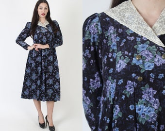 Laura Ashley Electric Blue Flower Dress / Romantic Rustic Garden Florals / 80s Wildflower Lace Collar Country Maxi