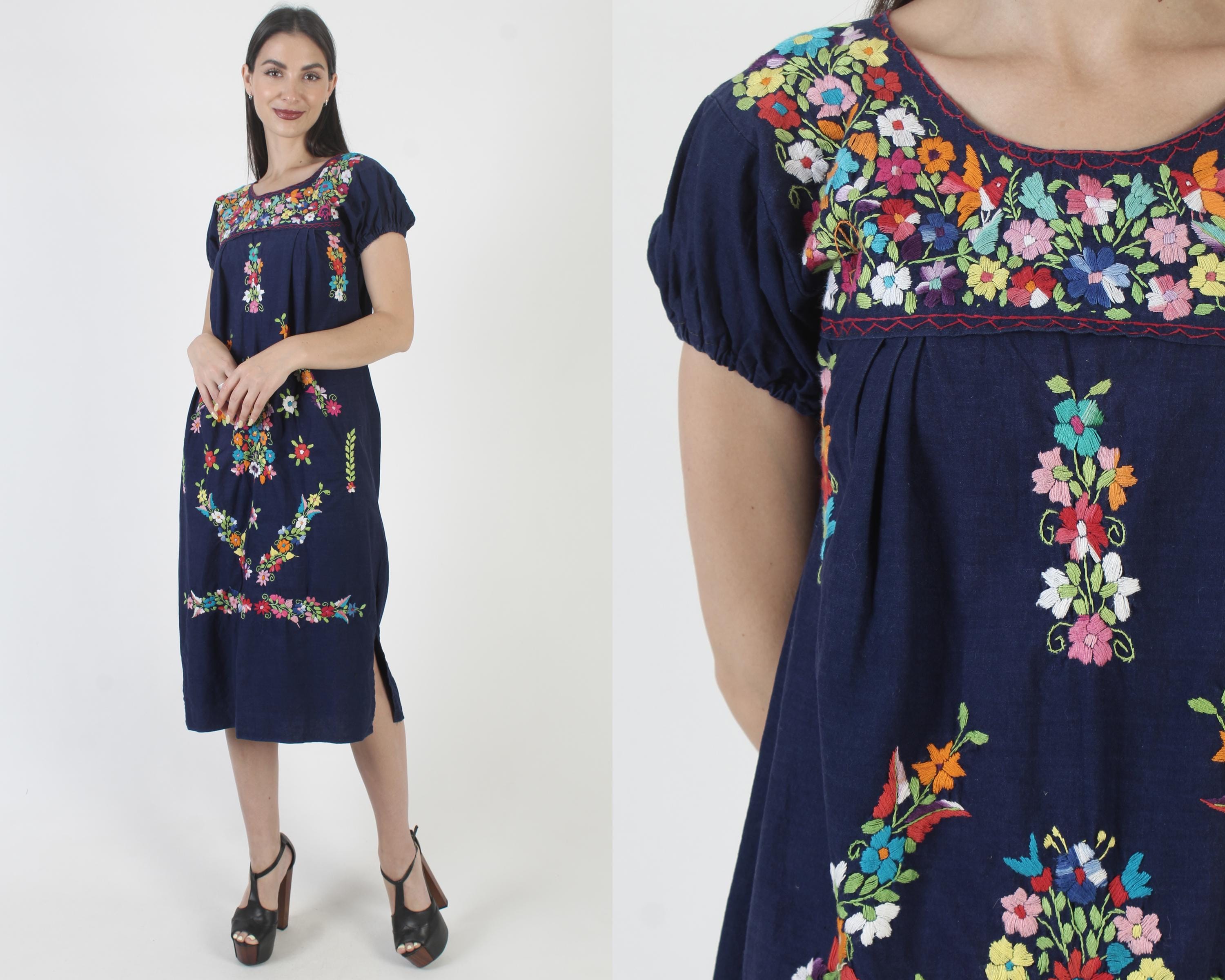 Vestido Puebla bordado mexicano, 100% algodón, bordado floral