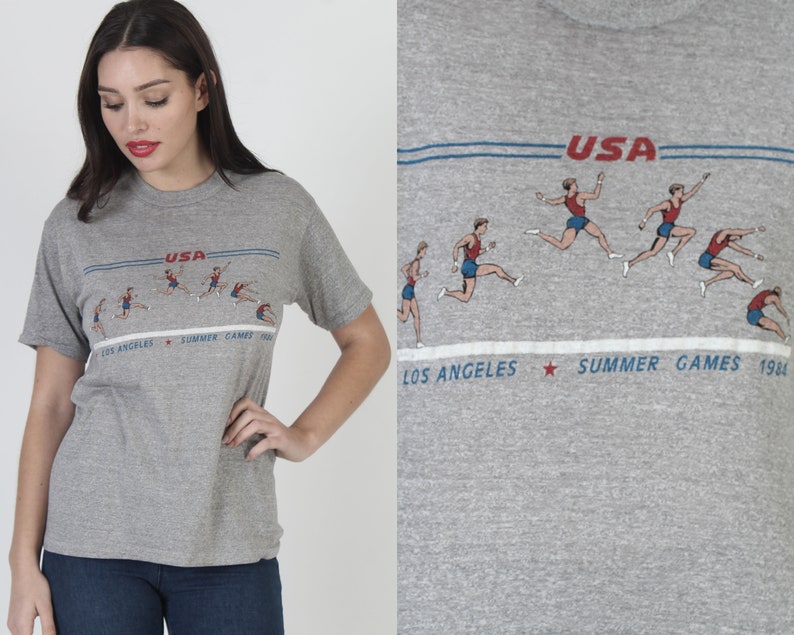 1984 Heather Grey USA Olympic Games T Shirt, Soft And Thin Single Stitch Tee, 80s Vintage Summer Games L image 1