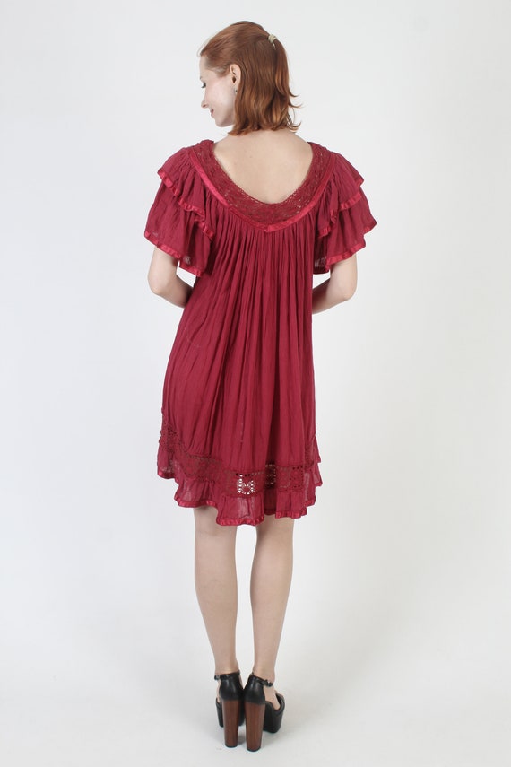 Burgundy Gauze Kimono Angel Sleeve Dress Vintage … - image 6