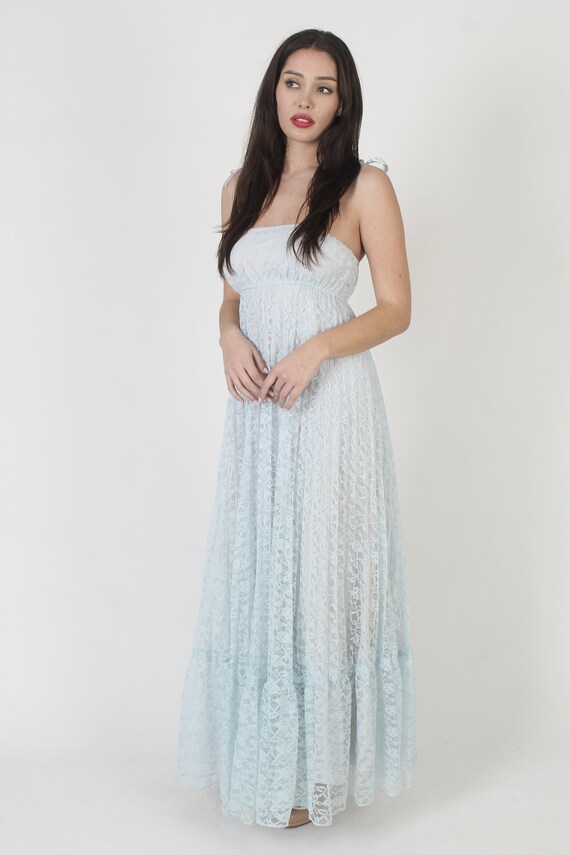 All Over Lace Shoulder Tie Wedding Dress, 70s Lon… - image 6