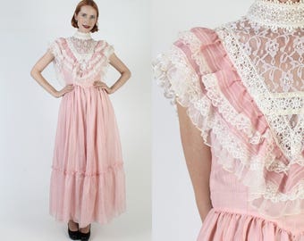 80s Gunne Sax Pink Bridal Dress, High Neck Victorian Full Skirt, Vintage Edwardian Prom Gown