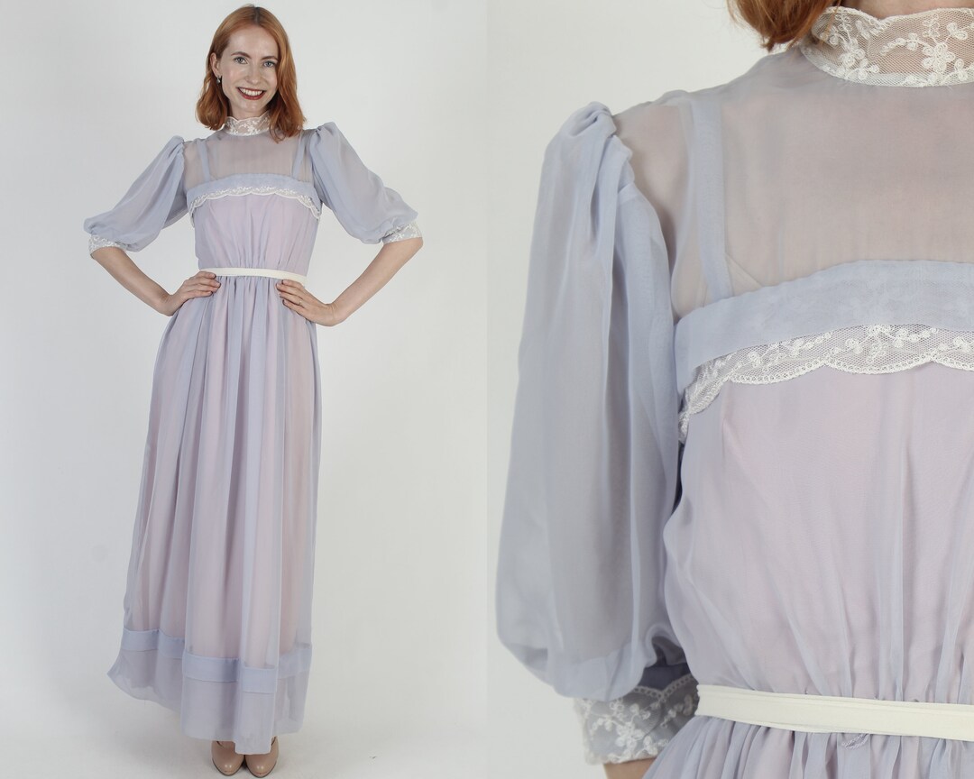 Periwinkle Chiffon Maxi Dress Long Sheer See Through Sleeves Vintage