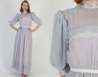 Periwinkle Chiffon Maxi Dress Long Sheer See Through Sleeves Vintage 70s Monochrome Full Skirt Cocktail Dress