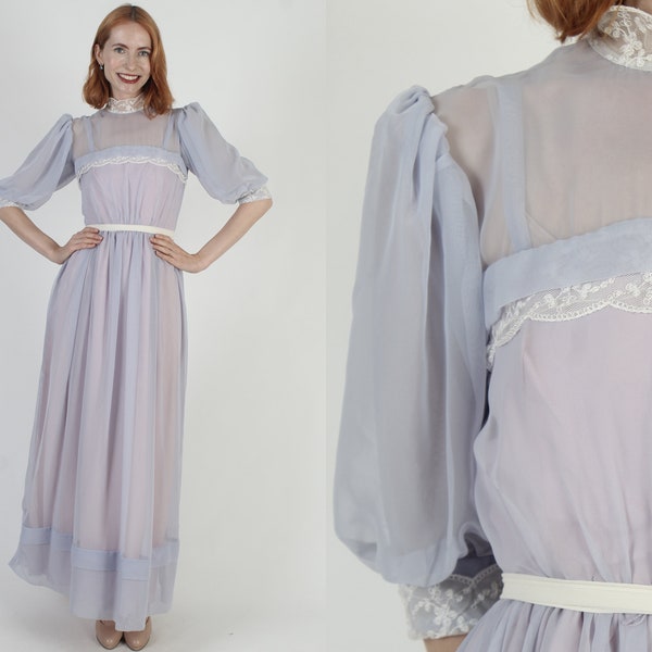 Periwinkle Chiffon Maxi Dress Long Sheer See Through Sleeves Vintage 70s Monochrome Full Skirt Cocktail Dress