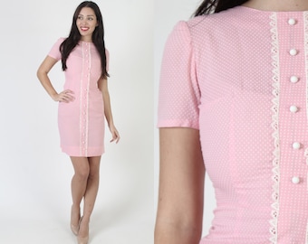 60s Pink Swiss Dot Dress / Vintage Form Fitting Pencil Frock / Cupcake Bridal Day Party Mini Outfit