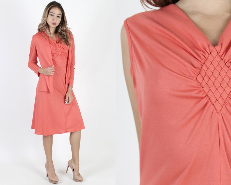 Cocktail Party Dress Set Vintage 70s Coral Disco Dress Secretary 2 Piece Jacket Shawl V Neck Solid Color Plain Knee Length Mini Midi Dress