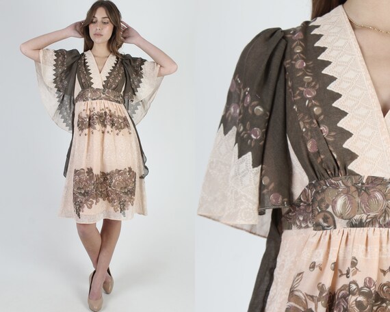 Brown Fruit Print Dress / Kimono Sleeve Wrap Dress
