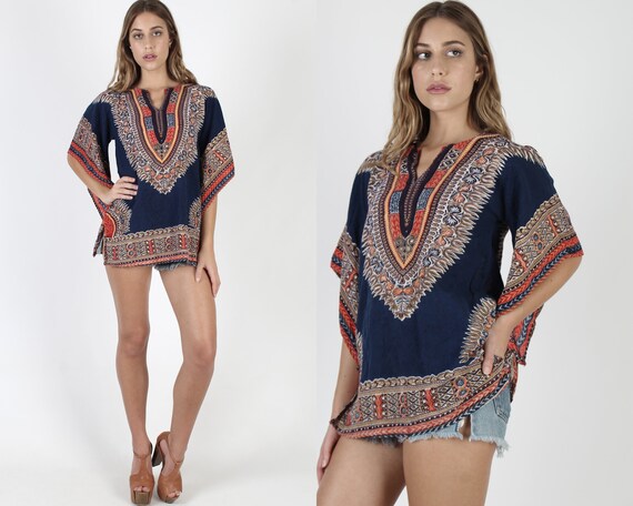 Vintage 70s Navy Blue Dashiki Top / Cotton Kimono