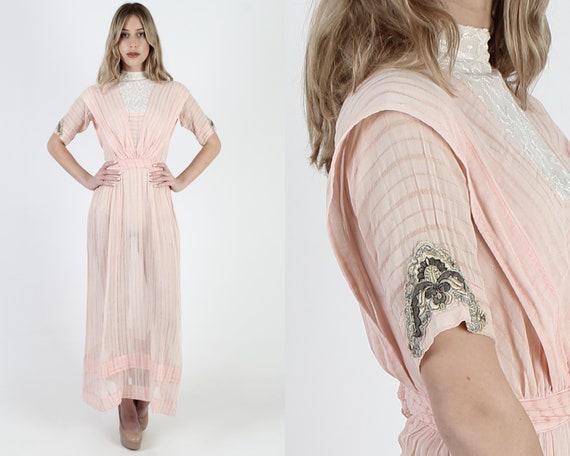 1930s Peach Cotton Edwardian Dress Vintage 30s 40s
