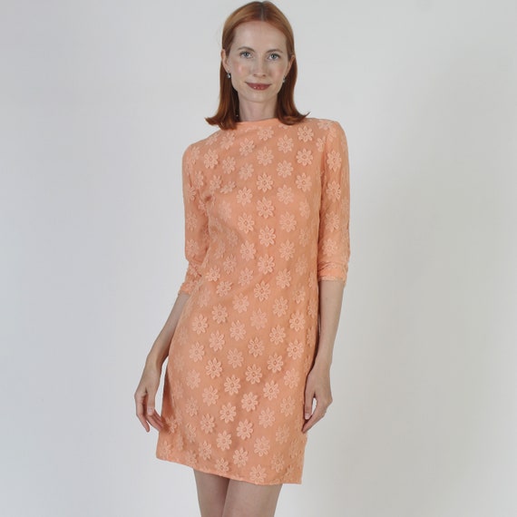 Vintage 60s Peach Floral Lace Mini Dress: Cocktai… - image 1